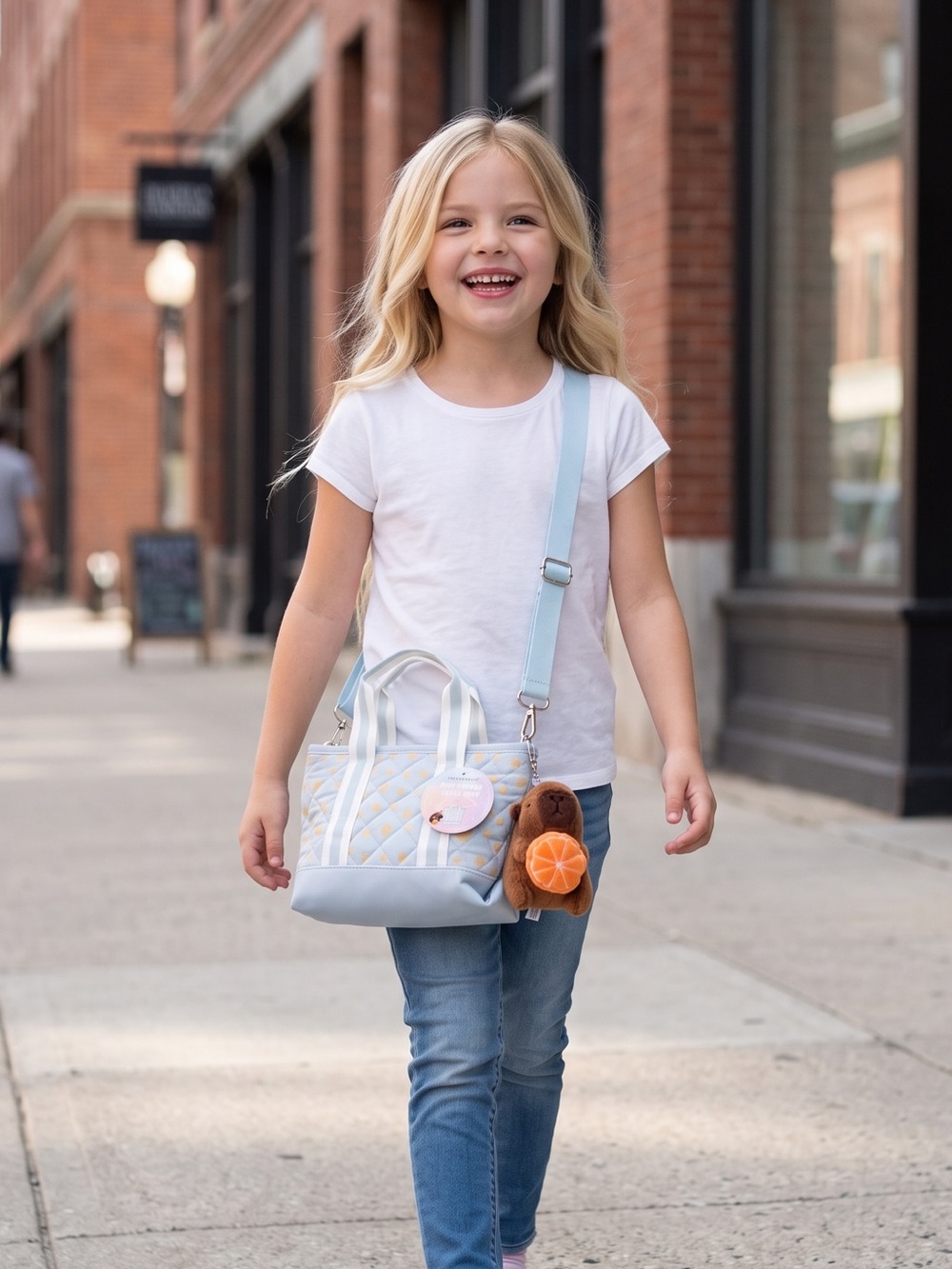 Kids Quilted Light Blue Crossbody Mini Tote with Capybara Plush Charm